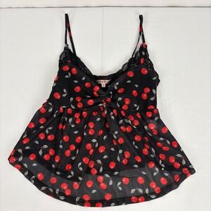 Bailey Rose Womens Cherry Print Cami Top Black Lace Trim Sweetheart Neckline S‎